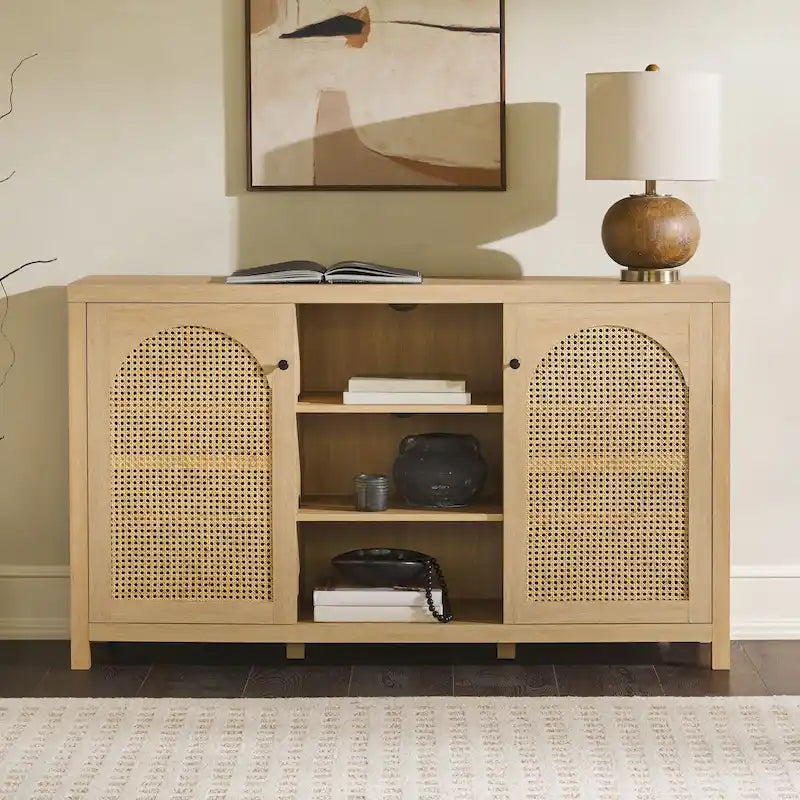 58" Sideboard with Arched Rattan Doors - 2 Cabinets, Open Shelves, Cord Management, Bohemian Style, MDF & Laminate
