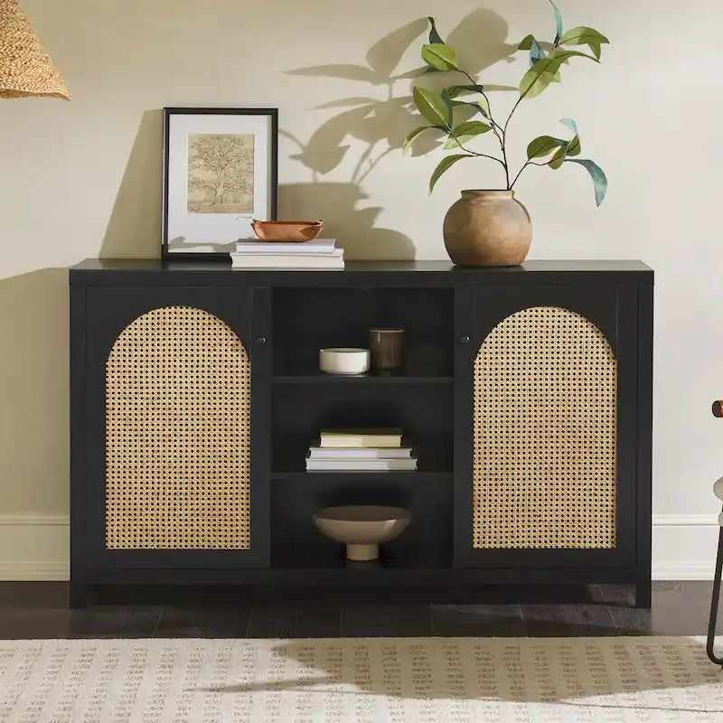 58" Sideboard with Arched Rattan Doors - 2 Cabinets, Open Shelves, Cord Management, Bohemian Style, MDF & Laminate