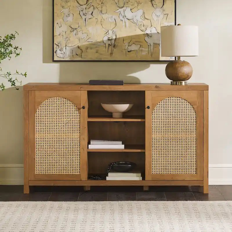 58" Sideboard with Arched Rattan Doors - 2 Cabinets, Open Shelves, Cord Management, Bohemian Style, MDF & Laminate