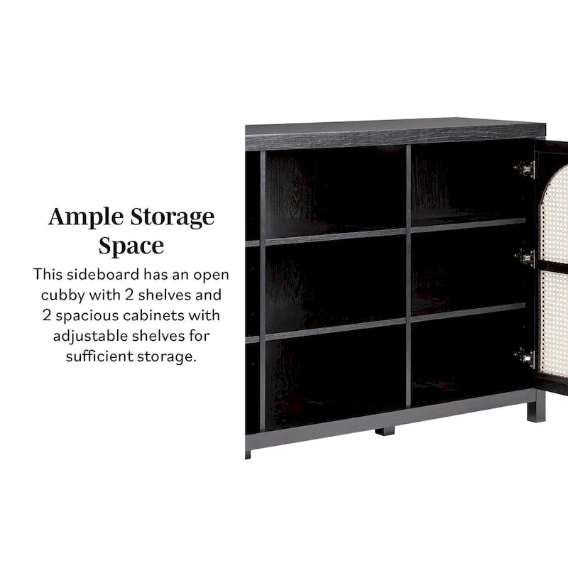 58" Sideboard with Arched Rattan Doors - 2 Cabinets, Open Shelves, Cord Management, Bohemian Style, MDF & Laminate