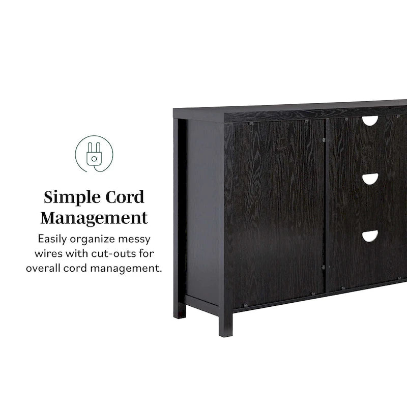 58" Sideboard with Arched Rattan Doors - 2 Cabinets, Open Shelves, Cord Management, Bohemian Style, MDF & Laminate