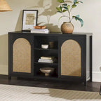 58" Sideboard with Arched Rattan Doors - 2 Cabinets, Open Shelves, Cord Management, Bohemian Style, MDF & Laminate