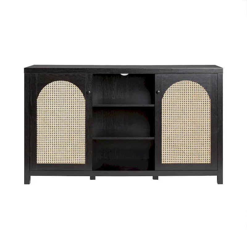 58" Sideboard with Arched Rattan Doors - 2 Cabinets, Open Shelves, Cord Management, Bohemian Style, MDF & Laminate