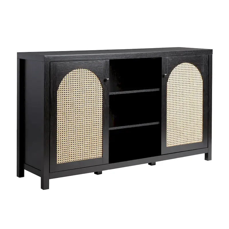 58" Sideboard with Arched Rattan Doors - 2 Cabinets, Open Shelves, Cord Management, Bohemian Style, MDF & Laminate