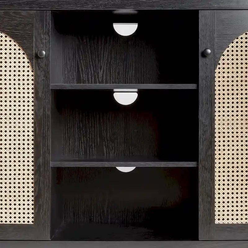 58" Sideboard with Arched Rattan Doors - 2 Cabinets, Open Shelves, Cord Management, Bohemian Style, MDF & Laminate