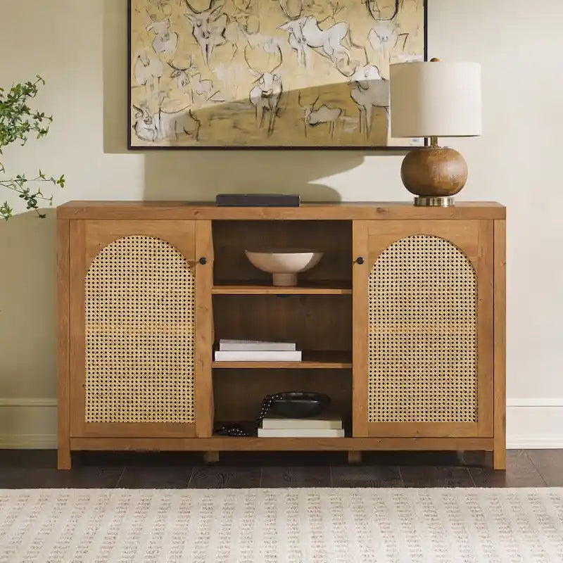 58" Sideboard with Arched Rattan Doors - 2 Cabinets, Open Shelves, Cord Management, Bohemian Style, MDF & Laminate