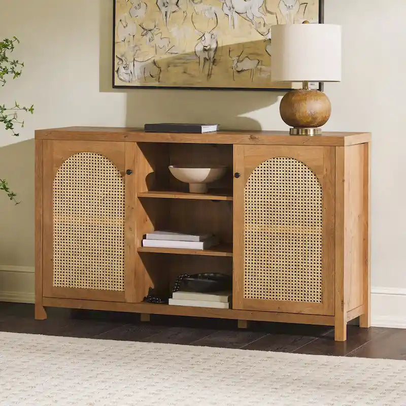 58" Sideboard with Arched Rattan Doors - 2 Cabinets, Open Shelves, Cord Management, Bohemian Style, MDF & Laminate