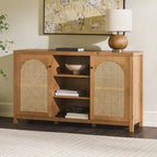 58" Sideboard with Arched Rattan Doors - 2 Cabinets, Open Shelves, Cord Management, Bohemian Style, MDF & Laminate