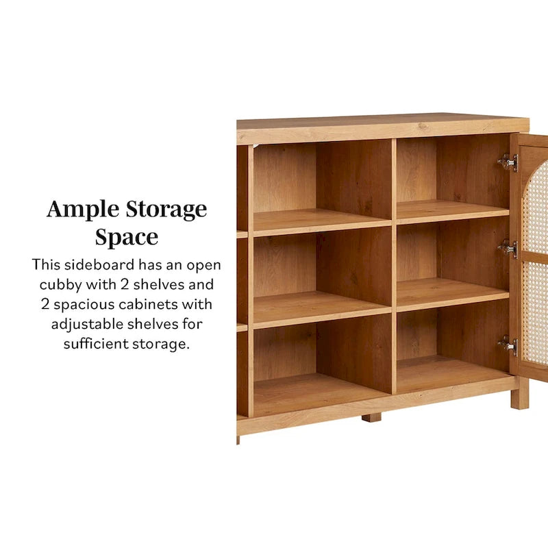 58" Sideboard with Arched Rattan Doors - 2 Cabinets, Open Shelves, Cord Management, Bohemian Style, MDF & Laminate