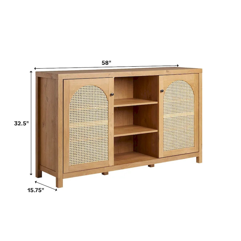58" Sideboard with Arched Rattan Doors - 2 Cabinets, Open Shelves, Cord Management, Bohemian Style, MDF & Laminate