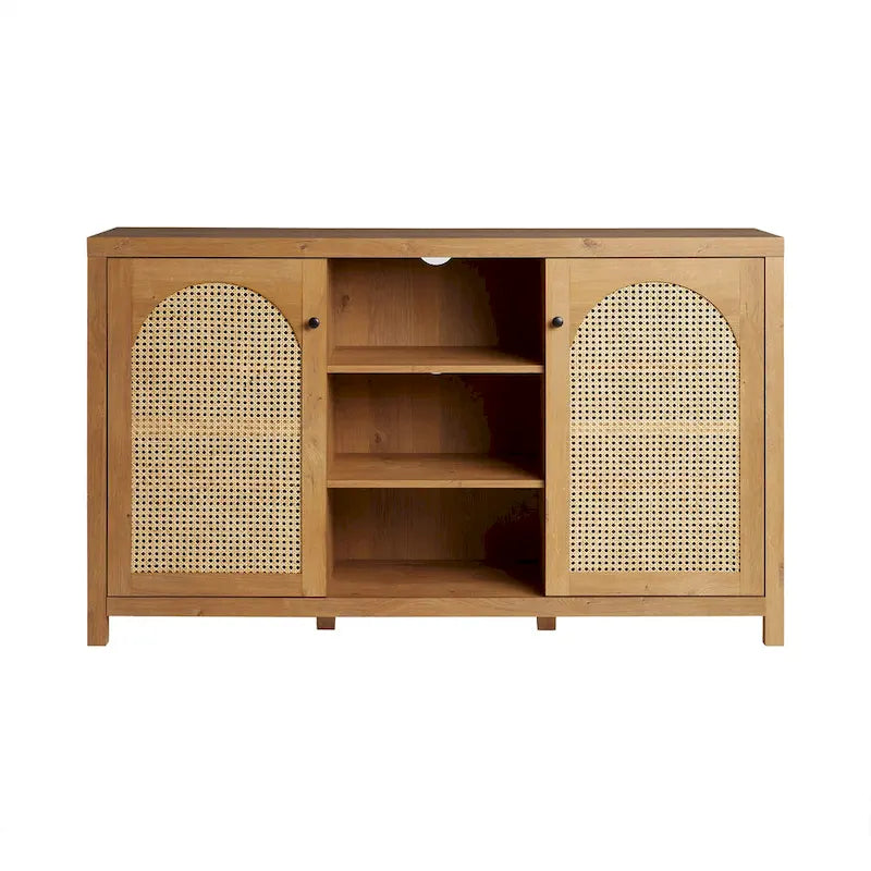 58" Sideboard with Arched Rattan Doors - 2 Cabinets, Open Shelves, Cord Management, Bohemian Style, MDF & Laminate