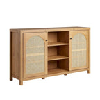 58" Sideboard with Arched Rattan Doors - 2 Cabinets, Open Shelves, Cord Management, Bohemian Style, MDF & Laminate