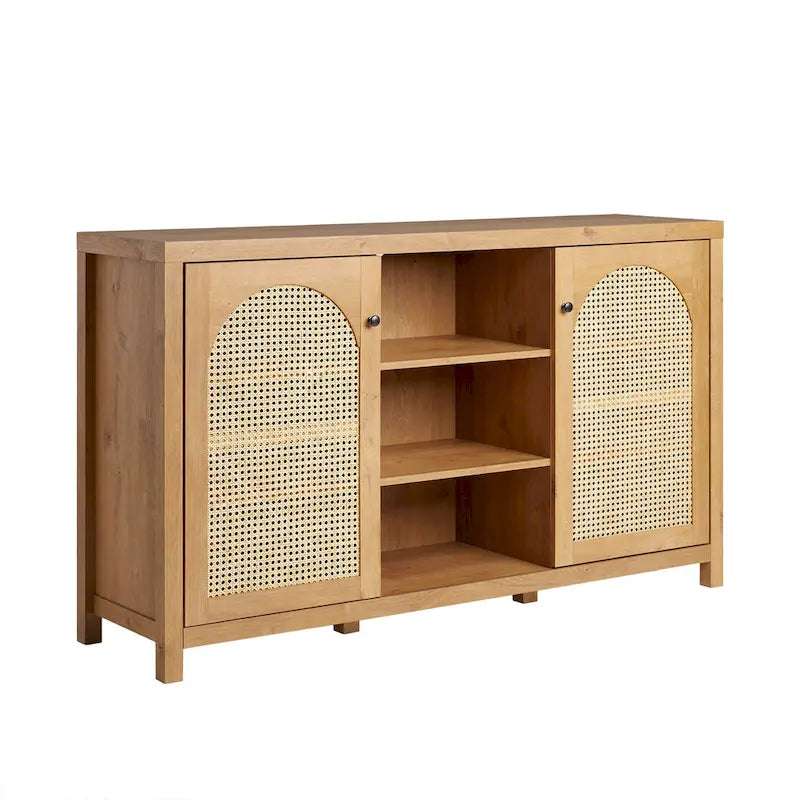 58" Sideboard with Arched Rattan Doors - 2 Cabinets, Open Shelves, Cord Management, Bohemian Style, MDF & Laminate