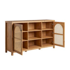 58" Sideboard with Arched Rattan Doors - 2 Cabinets, Open Shelves, Cord Management, Bohemian Style, MDF & Laminate