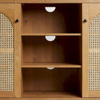58" Sideboard with Arched Rattan Doors - 2 Cabinets, Open Shelves, Cord Management, Bohemian Style, MDF & Laminate