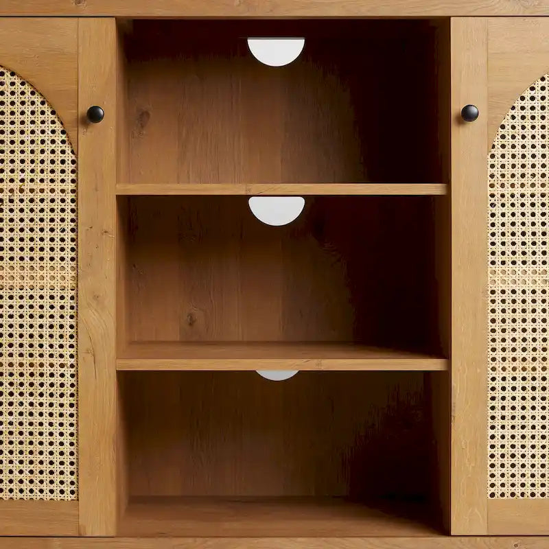 58" Sideboard with Arched Rattan Doors - 2 Cabinets, Open Shelves, Cord Management, Bohemian Style, MDF & Laminate