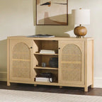 58" Sideboard with Arched Rattan Doors - 2 Cabinets, Open Shelves, Cord Management, Bohemian Style, MDF & Laminate
