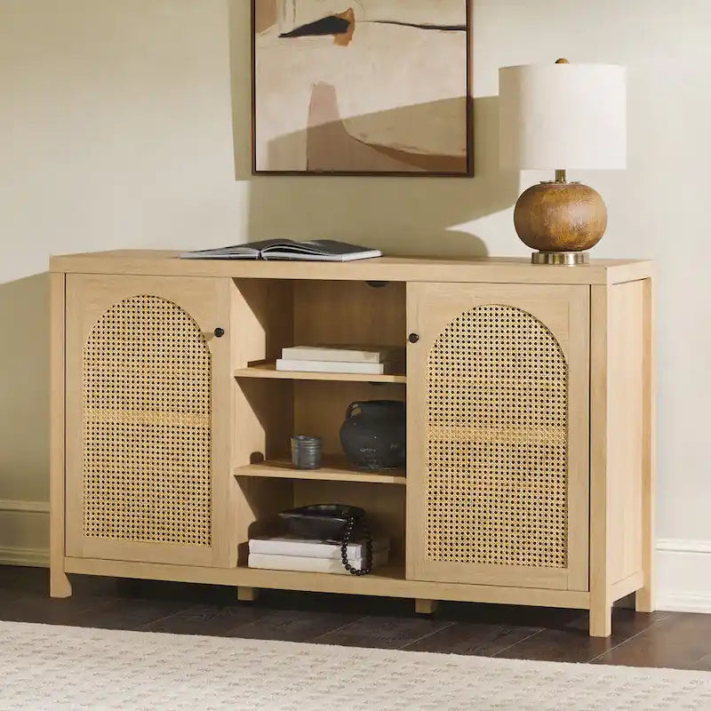58" Sideboard with Arched Rattan Doors - 2 Cabinets, Open Shelves, Cord Management, Bohemian Style, MDF & Laminate