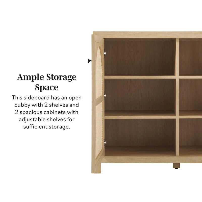 58" Sideboard with Arched Rattan Doors - 2 Cabinets, Open Shelves, Cord Management, Bohemian Style, MDF & Laminate
