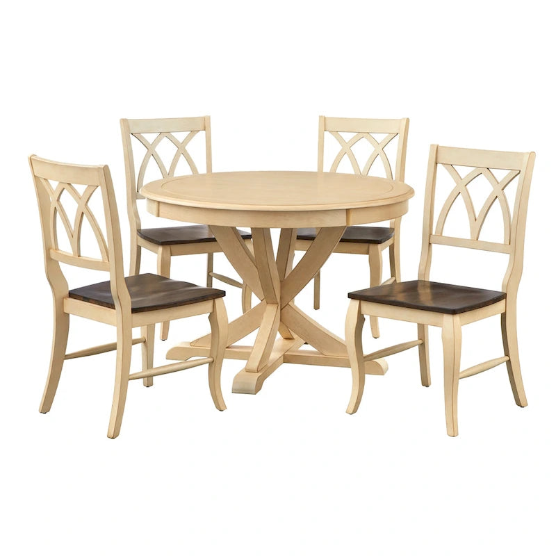 5-Piece Farmhouse Dining Set with Round Table & 4 Chairs, Solid Rubberwood, X-Pedestal Base, 250 lbs