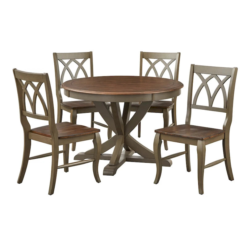 5-Piece Farmhouse Dining Set with Round Table & 4 Chairs, Solid Rubberwood, X-Pedestal Base, 250 lbs
