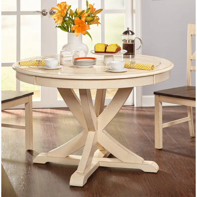 5-Piece Farmhouse Dining Set with Round Table & 4 Chairs, Solid Rubberwood, X-Pedestal Base, 250 lbs