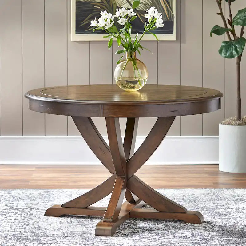 5-Piece Farmhouse Dining Set with Round Table & 4 Chairs, Solid Rubberwood, X-Pedestal Base, 250 lbs