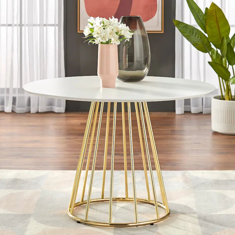 Round Dining Table 43.3" Diameter, Mid-Century Modern Kitchen Table, 4-Person Seating, Metal Base