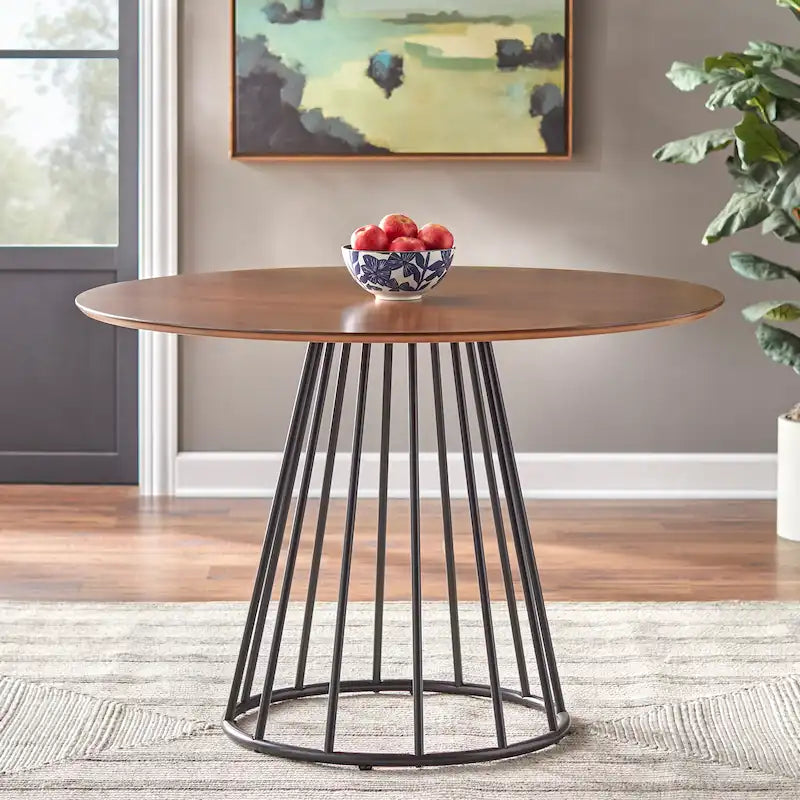 Round Dining Table 43.3" Diameter, Mid-Century Modern Kitchen Table, 4-Person Seating, Metal Base