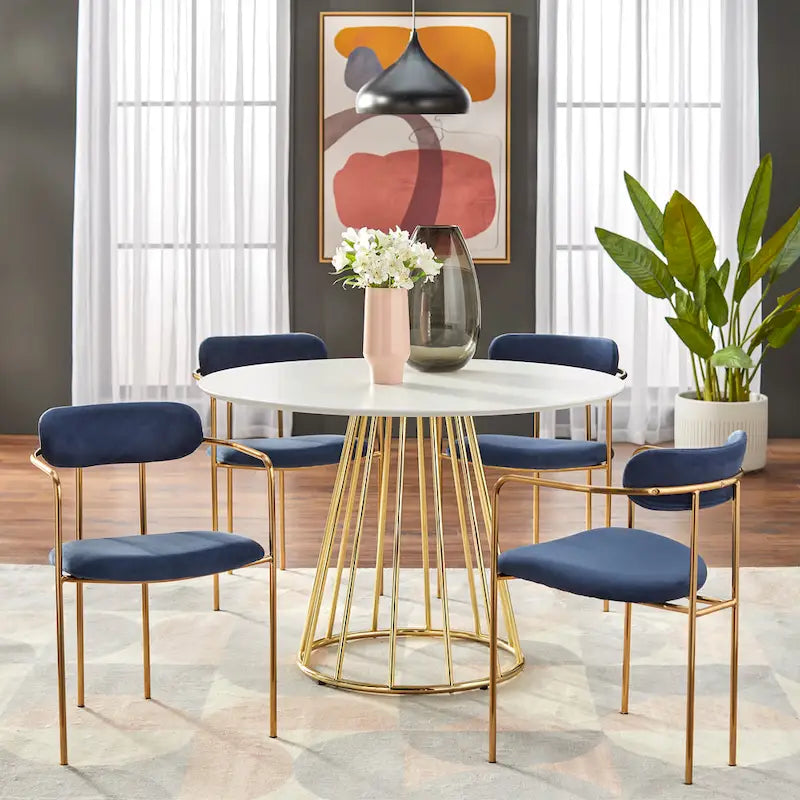 Round Dining Table 43.3" Diameter, Mid-Century Modern Kitchen Table, 4-Person Seating, Metal Base
