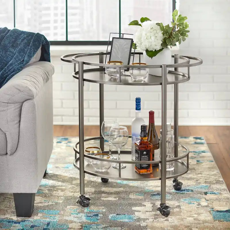 Oval Bar Cart - 2 Shelves - Metal Frame - Rolling Caster Wheels - Locking - 30"H x 30"W x 17.9"D - 3 Finishes - Glass/Mirror Shelves - Modern Contemporary