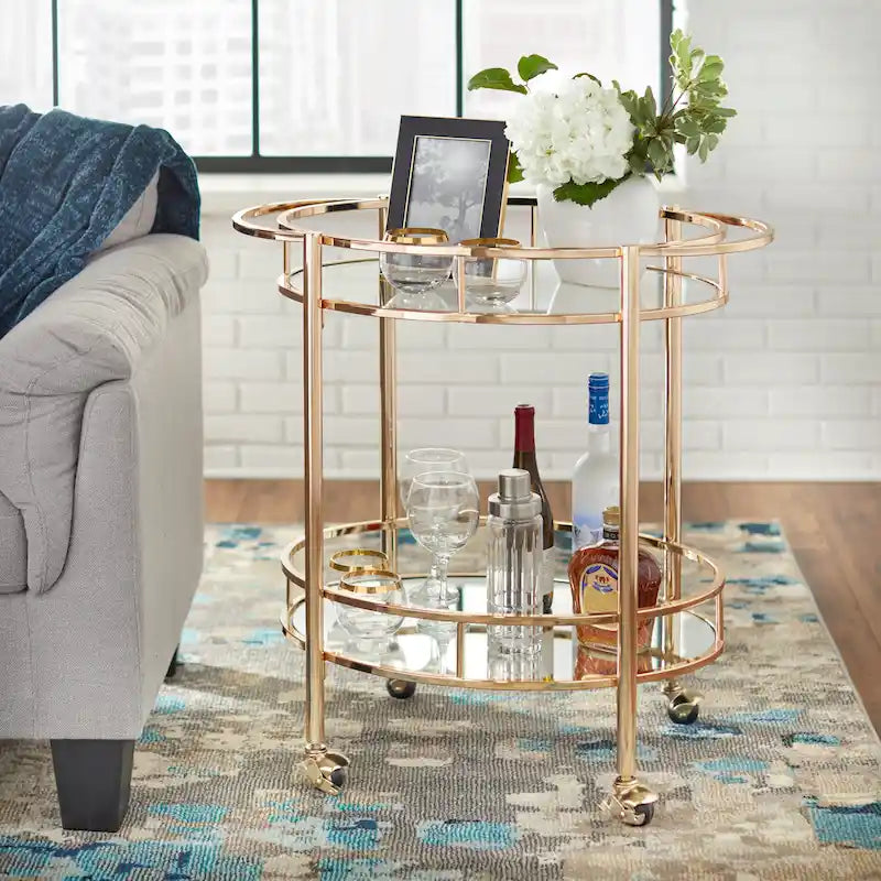 Oval Bar Cart - 2 Shelves - Metal Frame - Rolling Caster Wheels - Locking - 30"H x 30"W x 17.9"D - 3 Finishes - Glass/Mirror Shelves - Modern Contemporary