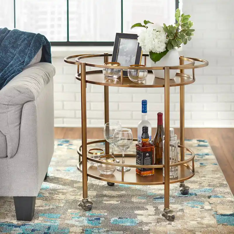 Oval Bar Cart - 2 Shelves - Metal Frame - Rolling Caster Wheels - Locking - 30"H x 30"W x 17.9"D - 3 Finishes - Glass/Mirror Shelves - Modern Contemporary