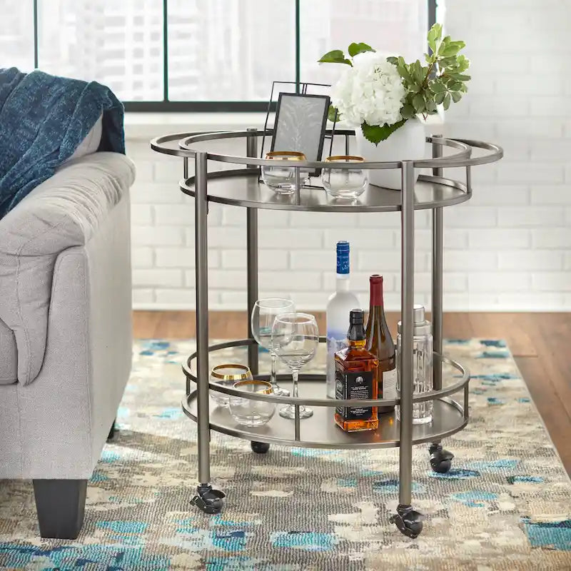 Oval Bar Cart - 2 Shelves - Metal Frame - Rolling Caster Wheels - Locking - 30"H x 30"W x 17.9"D - 3 Finishes - Glass/Mirror Shelves - Modern Contemporary