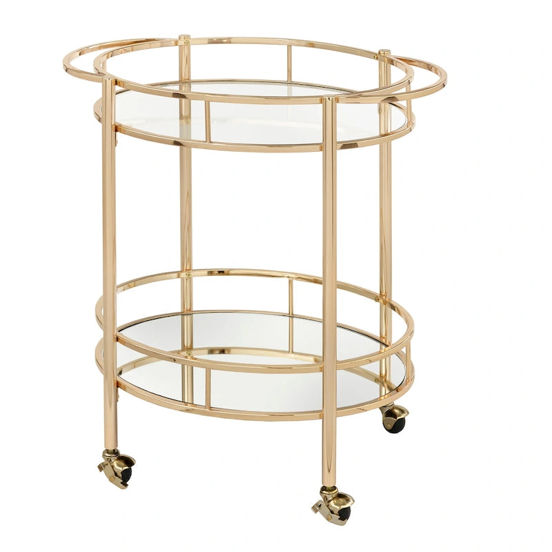 Oval Bar Cart - 2 Shelves - Metal Frame - Rolling Caster Wheels - Locking - 30"H x 30"W x 17.9"D - 3 Finishes - Glass/Mirror Shelves - Modern Contemporary