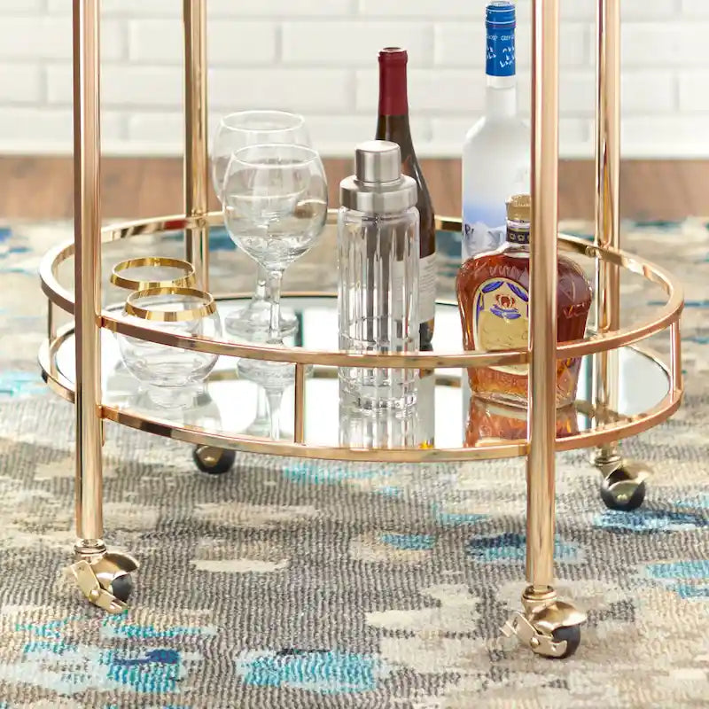 Oval Bar Cart - 2 Shelves - Metal Frame - Rolling Caster Wheels - Locking - 30"H x 30"W x 17.9"D - 3 Finishes - Glass/Mirror Shelves - Modern Contemporary