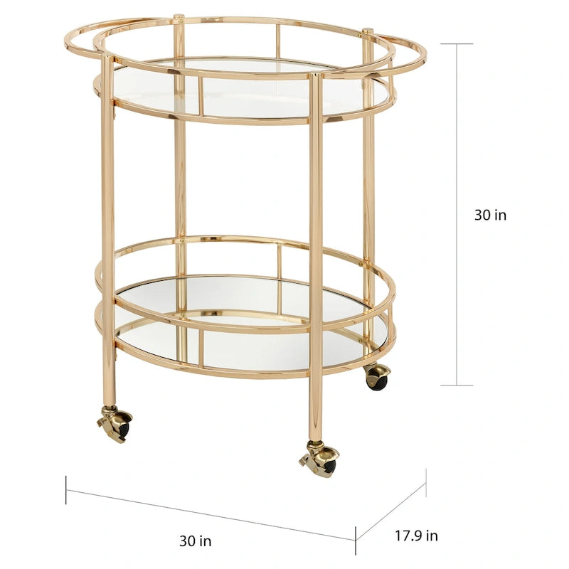 Oval Bar Cart - 2 Shelves - Metal Frame - Rolling Caster Wheels - Locking - 30"H x 30"W x 17.9"D - 3 Finishes - Glass/Mirror Shelves - Modern Contemporary