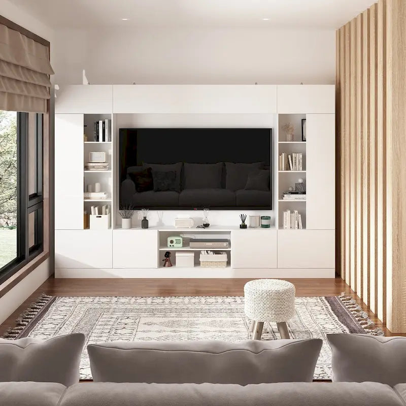 Wall Unit TV Stand with LED Lighting - Fits TVs up to 75", Bookshelves, 2 Cabinets, Hydraulic Support, 114" W Entertainment Center