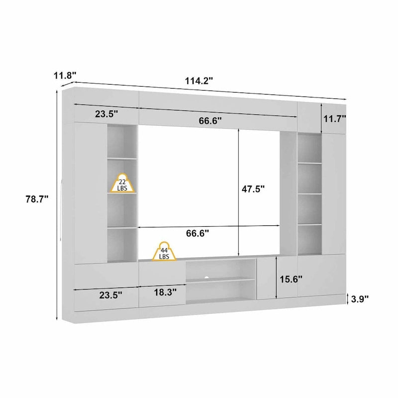 Wall Unit TV Stand with LED Lighting - Fits TVs up to 75", Bookshelves, 2 Cabinets, Hydraulic Support, 114" W Entertainment Center