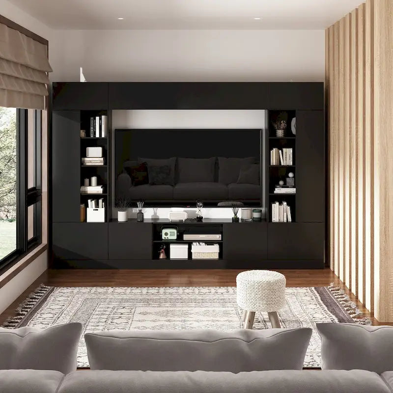 Wall Unit TV Stand with LED Lighting - Fits TVs up to 75", Bookshelves, 2 Cabinets, Hydraulic Support, 114" W Entertainment Center