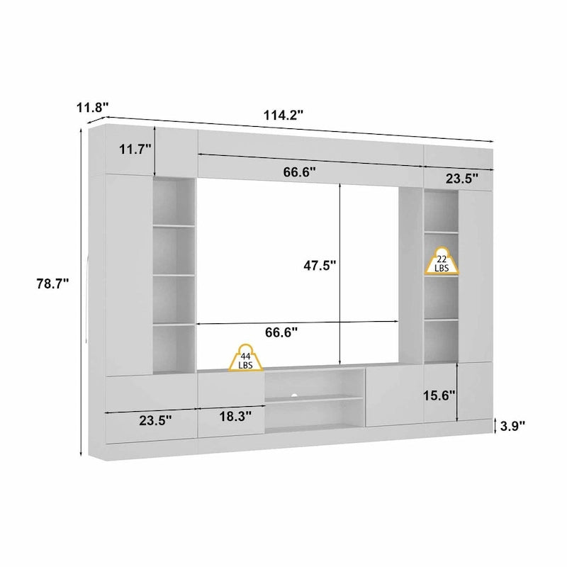 Wall Unit TV Stand with LED Lighting - Fits TVs up to 75", Bookshelves, 2 Cabinets, Hydraulic Support, 114" W Entertainment Center