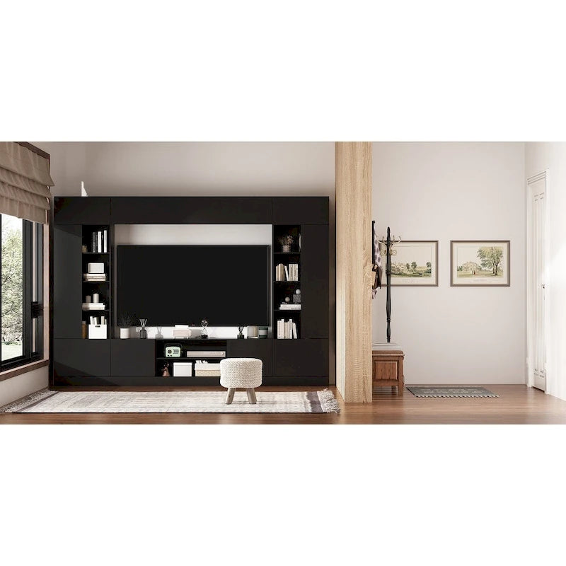 Wall Unit TV Stand with LED Lighting - Fits TVs up to 75", Bookshelves, 2 Cabinets, Hydraulic Support, 114" W Entertainment Center