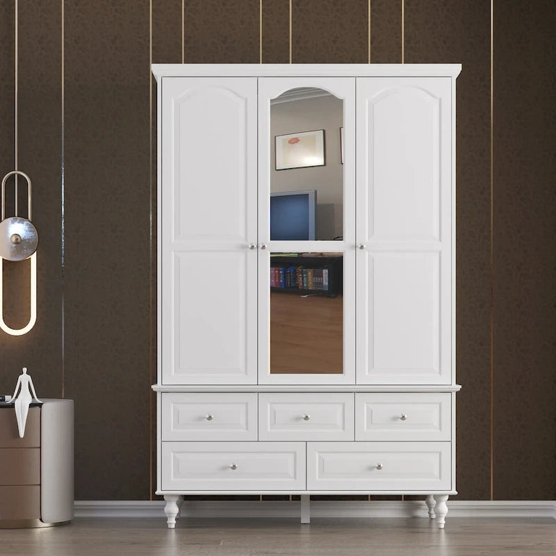 70.9"H Wardrobe Armoire with Mirror Doors - 3 Doors - 5 Drawers - Hanging Rod - 4 Shelves - White Lacquer - Engineered Wood - Bedroom Living Room