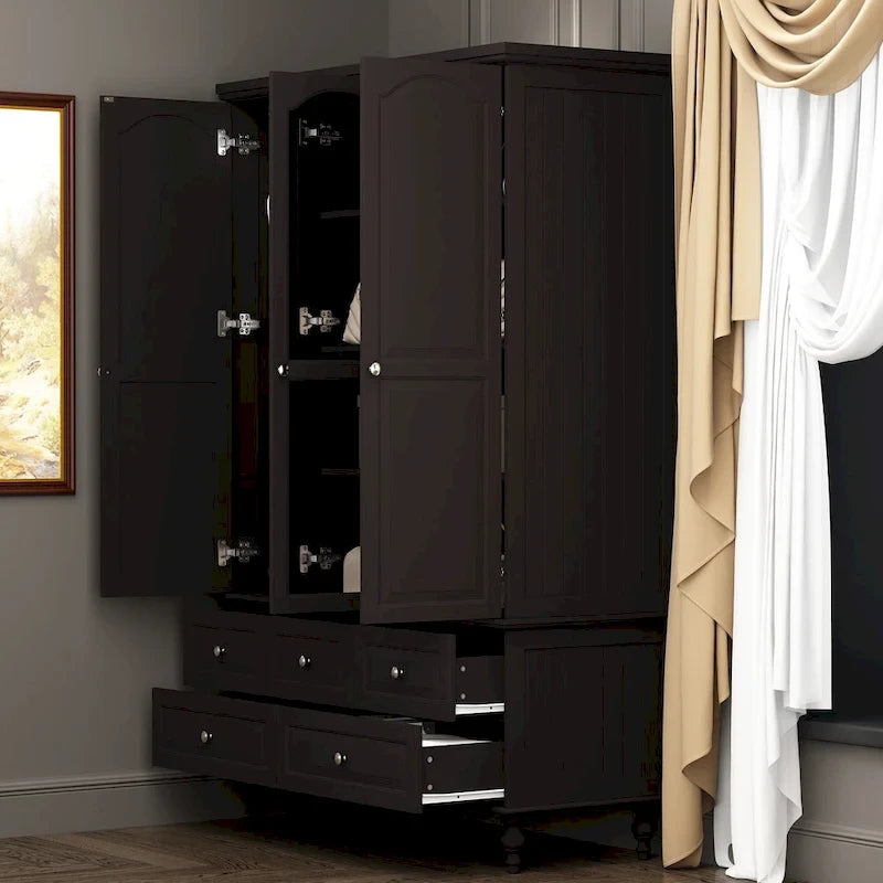 70.9"H Wardrobe Armoire with Mirror Doors - 3 Doors - 5 Drawers - Hanging Rod - 4 Shelves - White Lacquer - Engineered Wood - Bedroom Living Room