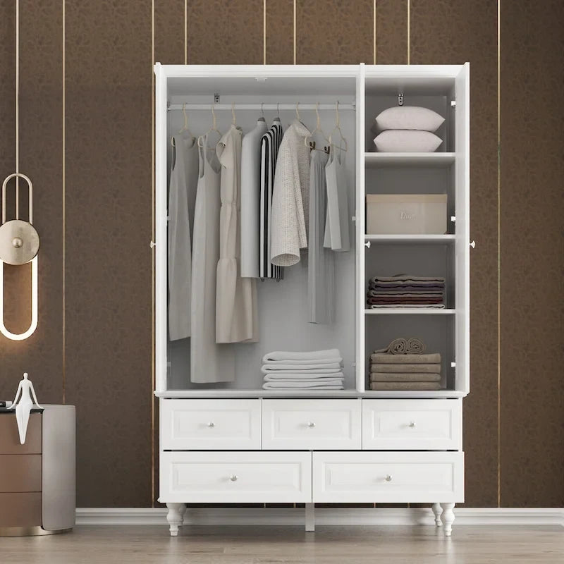 70.9"H Wardrobe Armoire with Mirror Doors - 3 Doors - 5 Drawers - Hanging Rod - 4 Shelves - White Lacquer - Engineered Wood - Bedroom Living Room