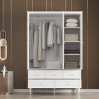 70.9"H Wardrobe Armoire with Mirror Doors - 3 Doors - 5 Drawers - Hanging Rod - 4 Shelves - White Lacquer - Engineered Wood - Bedroom Living Room