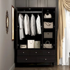70.9"H Wardrobe Armoire with Mirror Doors - 3 Doors - 5 Drawers - Hanging Rod - 4 Shelves - White Lacquer - Engineered Wood - Bedroom Living Room