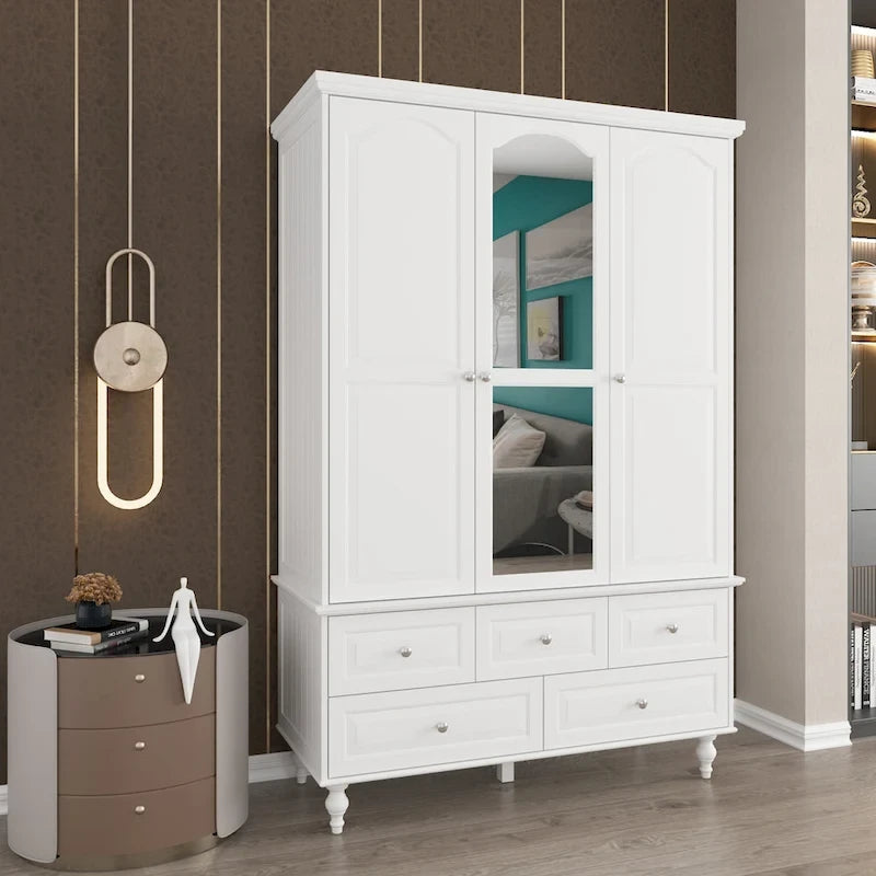 70.9"H Wardrobe Armoire with Mirror Doors - 3 Doors - 5 Drawers - Hanging Rod - 4 Shelves - White Lacquer - Engineered Wood - Bedroom Living Room