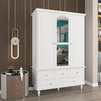 70.9"H Wardrobe Armoire with Mirror Doors - 3 Doors - 5 Drawers - Hanging Rod - 4 Shelves - White Lacquer - Engineered Wood - Bedroom Living Room