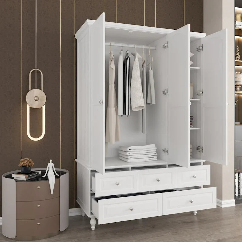 70.9"H Wardrobe Armoire with Mirror Doors - 3 Doors - 5 Drawers - Hanging Rod - 4 Shelves - White Lacquer - Engineered Wood - Bedroom Living Room